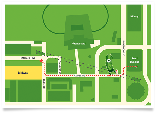 Map of The Perfect Pickle locations on the corner of Dan Patch Ave and Ligget Street next to the Midway entrance